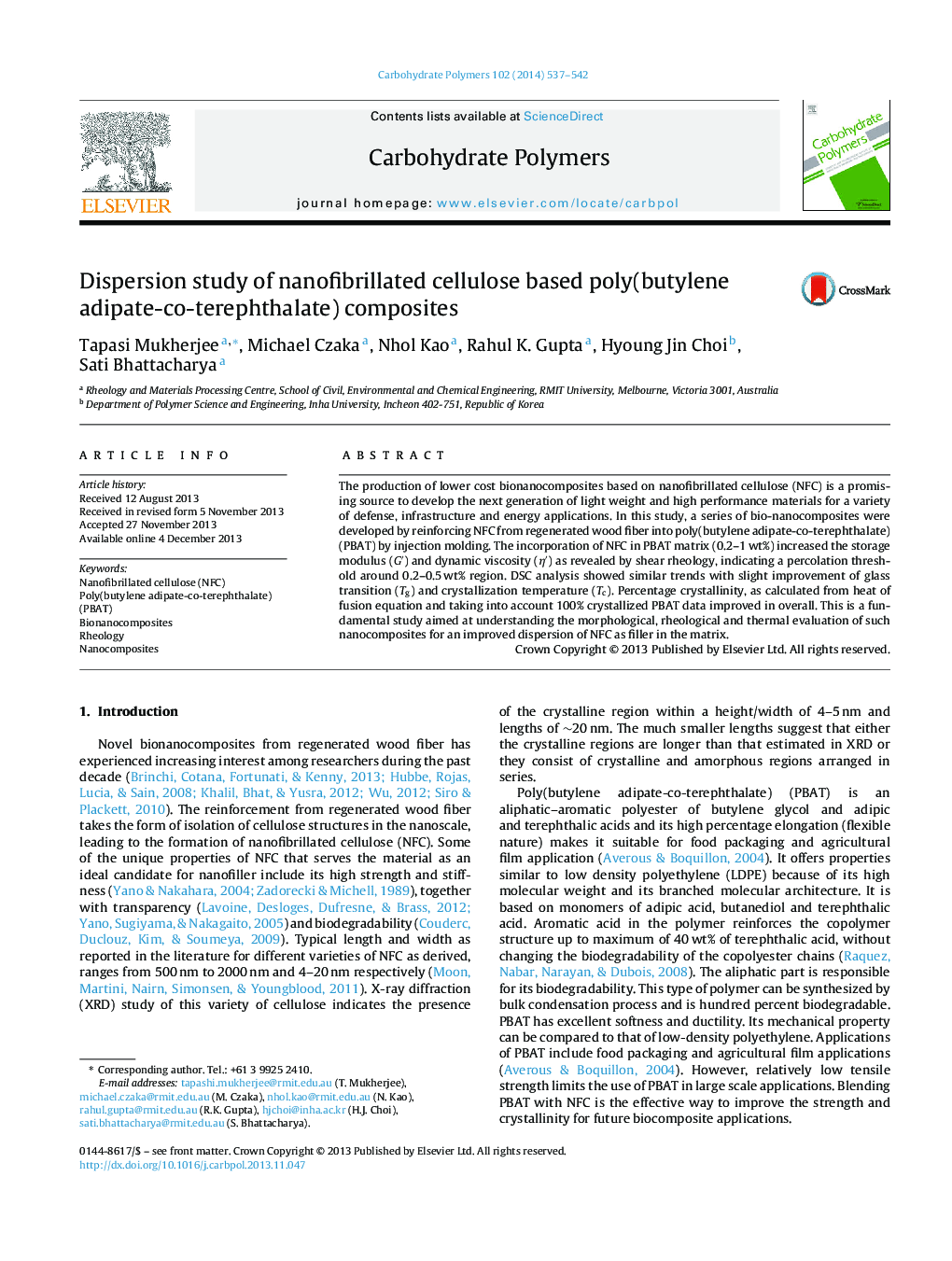 Dispersion study of nanofibrillated cellulose based poly(butylene adipate-co-terephthalate) composites