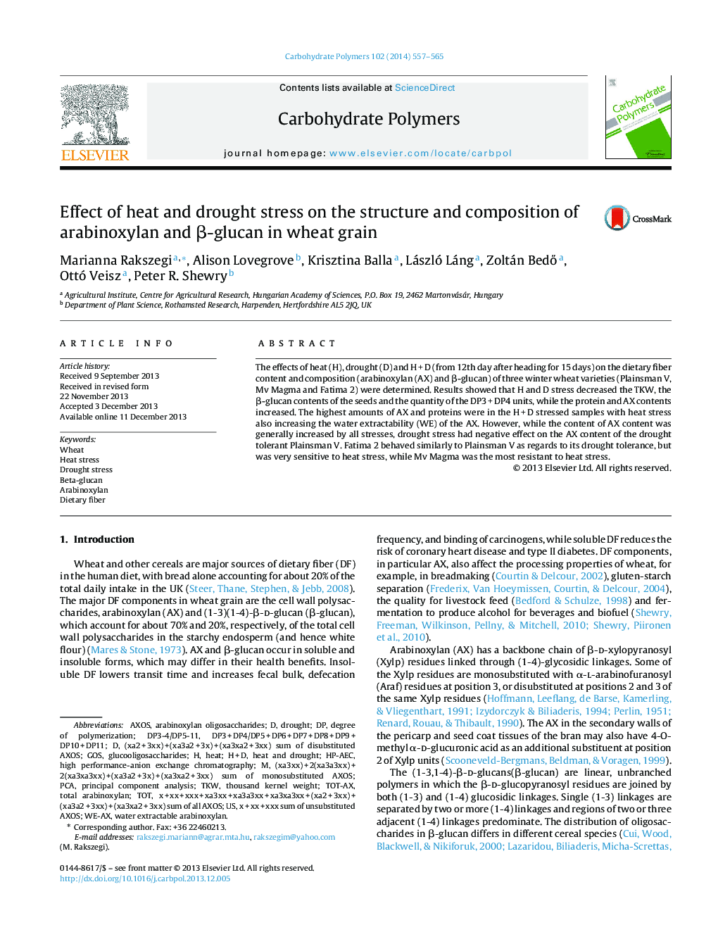 Effect of heat and drought stress on the structure and composition of arabinoxylan and Î²-glucan in wheat grain