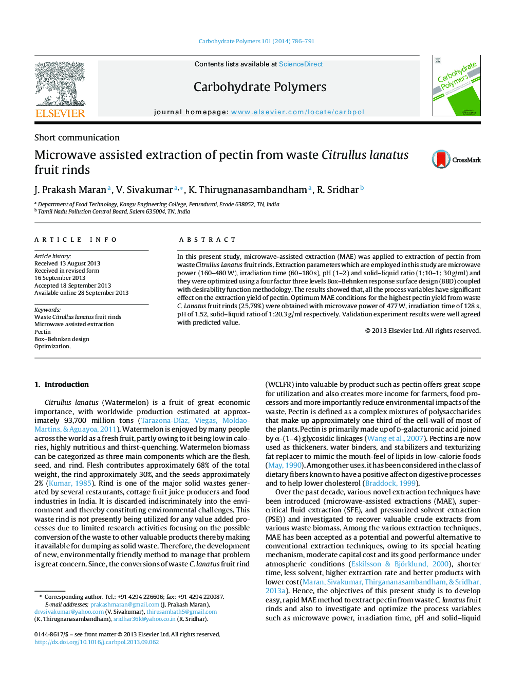 Microwave assisted extraction of pectin from waste Citrullus lanatus fruit rinds