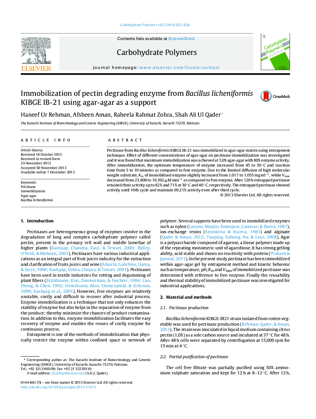 Immobilization of pectin degrading enzyme from Bacillus licheniformis KIBGE IB-21 using agar-agar as a support