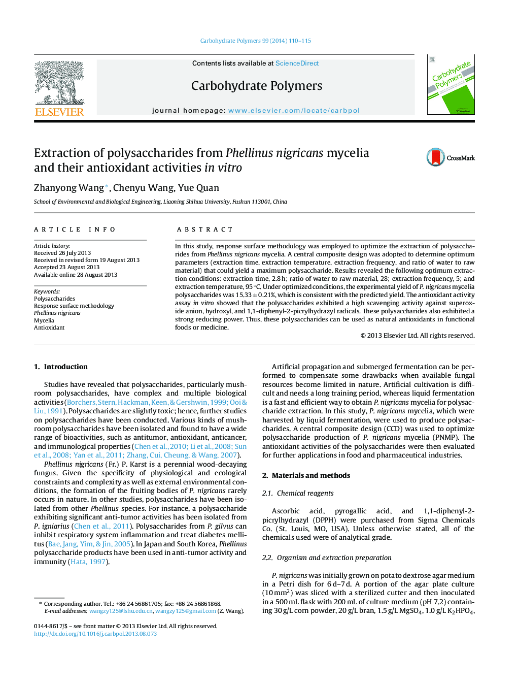 Extraction of polysaccharides from Phellinus nigricans mycelia and their antioxidant activities in vitro