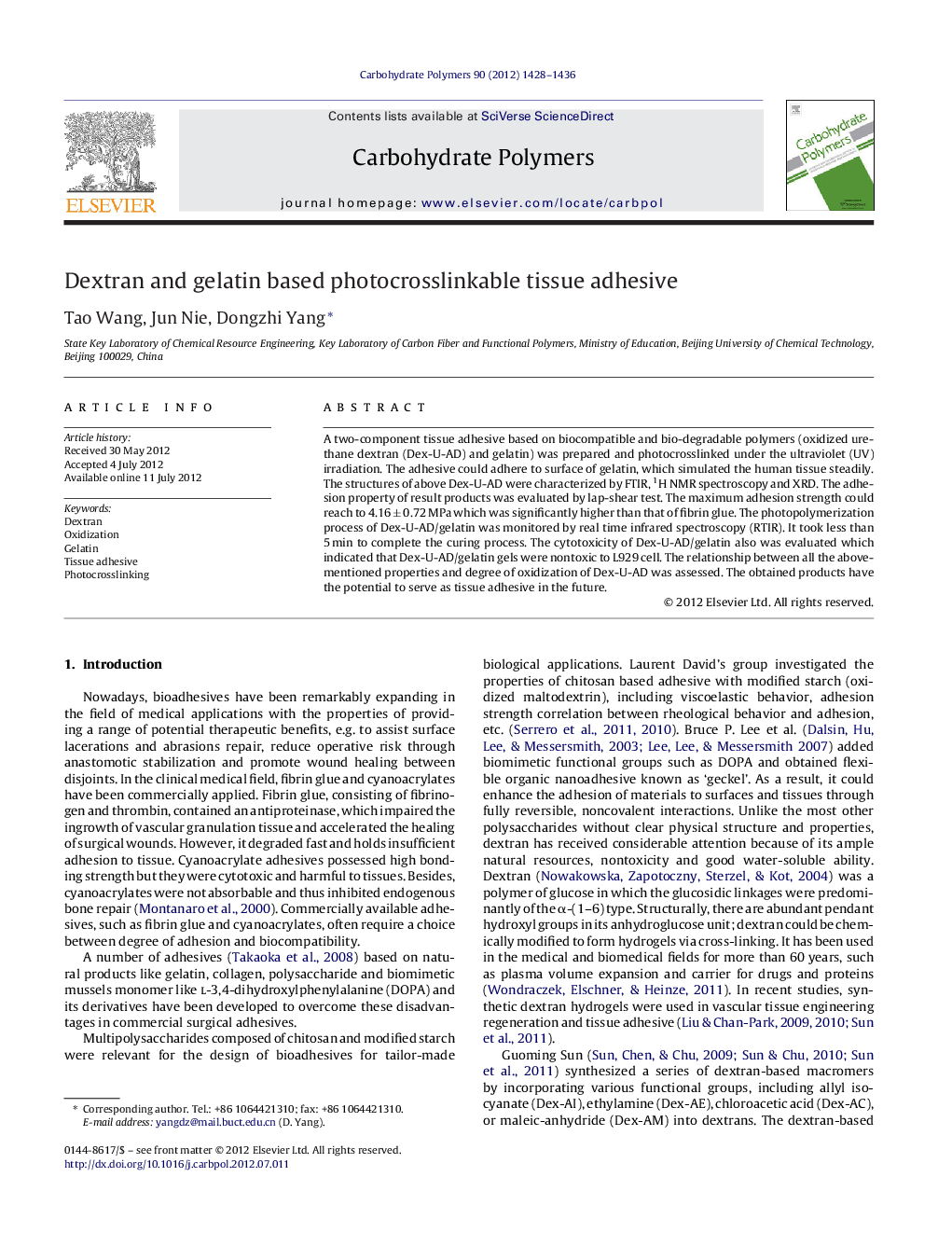 Dextran and gelatin based photocrosslinkable tissue adhesive