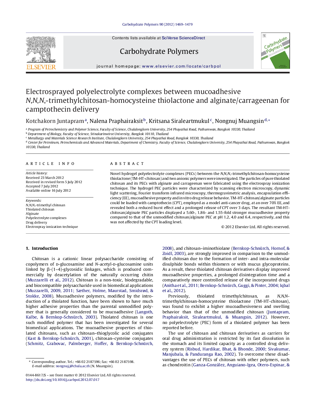 Electrosprayed polyelectrolyte complexes between mucoadhesive N,N,N,-trimethylchitosan-homocysteine thiolactone and alginate/carrageenan for camptothecin delivery