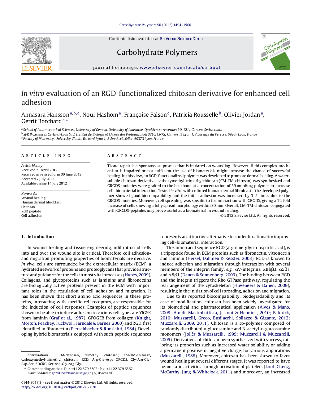 In vitro evaluation of an RGD-functionalized chitosan derivative for enhanced cell adhesion