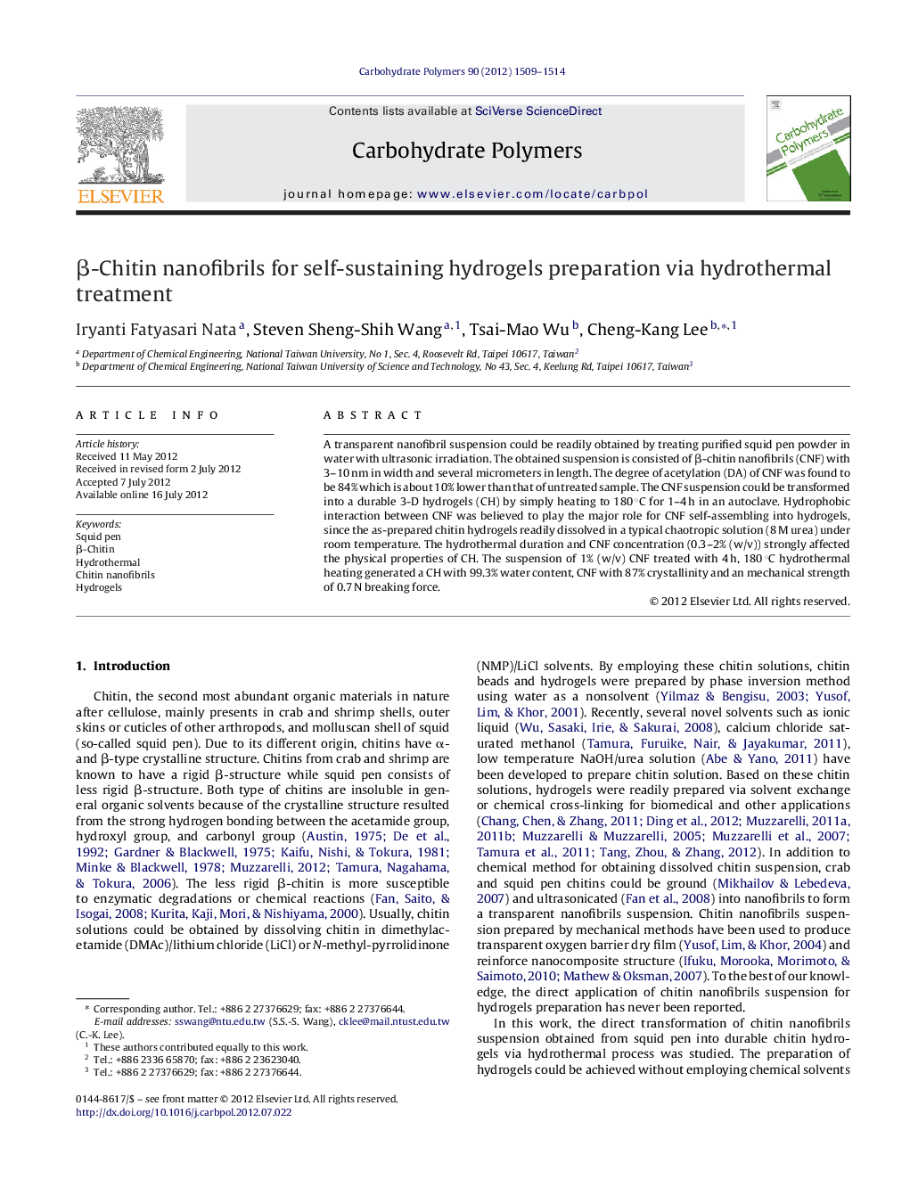 Î²-Chitin nanofibrils for self-sustaining hydrogels preparation via hydrothermal treatment