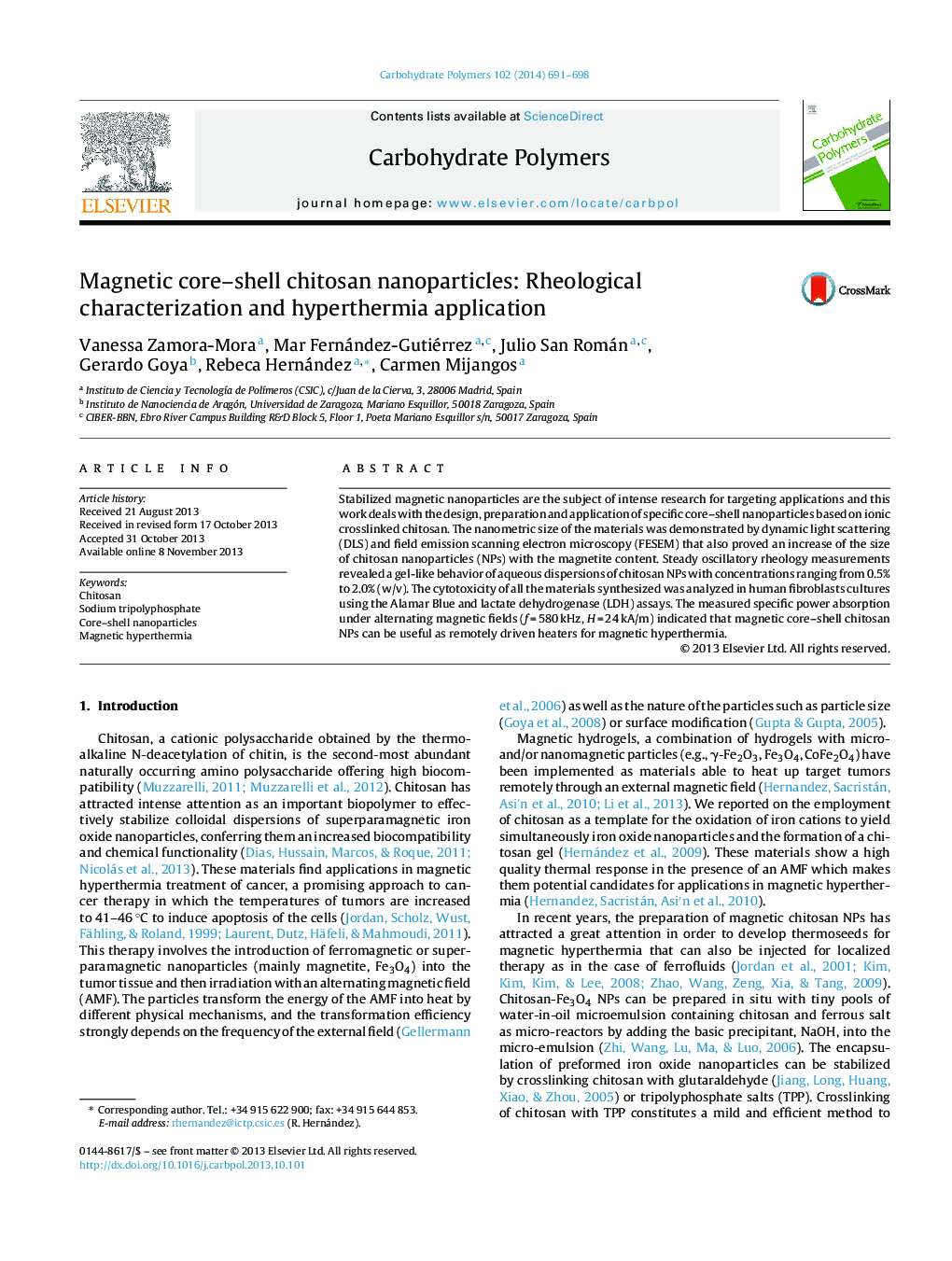 Magnetic core-shell chitosan nanoparticles: Rheological characterization and hyperthermia application