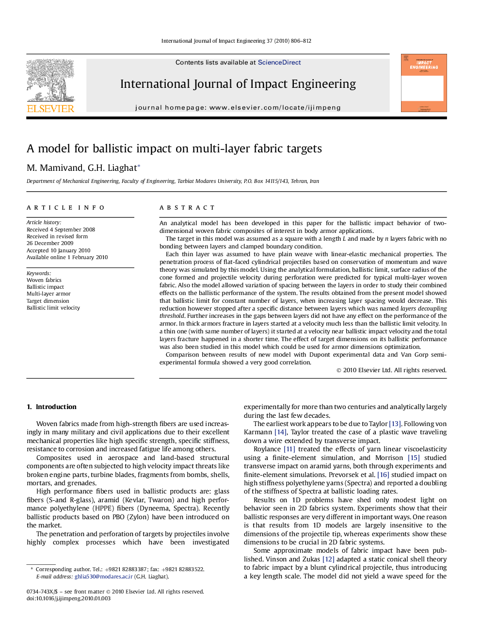 A model for ballistic impact on multi-layer fabric targets