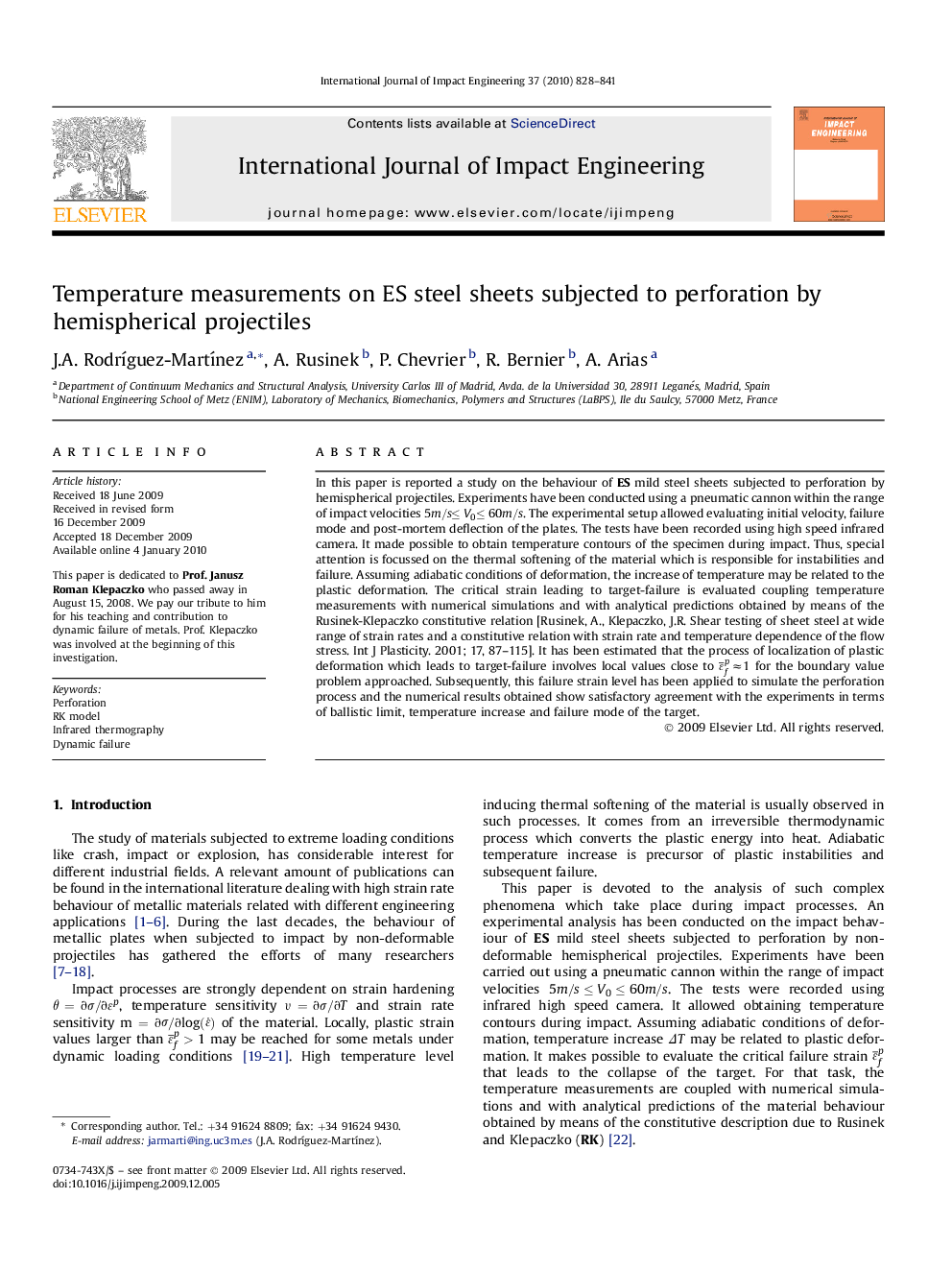 Temperature measurements on ES steel sheets subjected to perforation by hemispherical projectiles