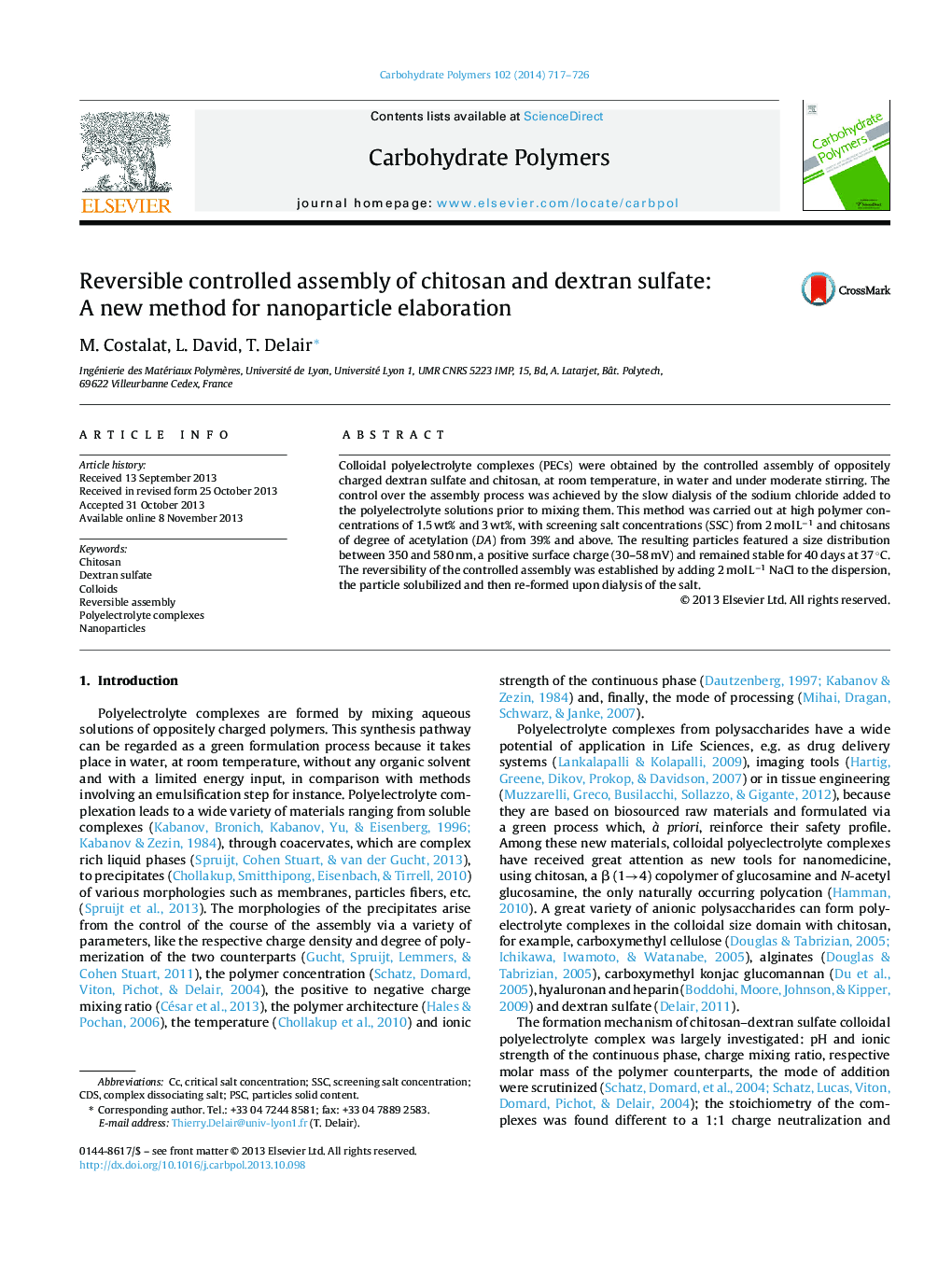 Reversible controlled assembly of chitosan and dextran sulfate: A new method for nanoparticle elaboration