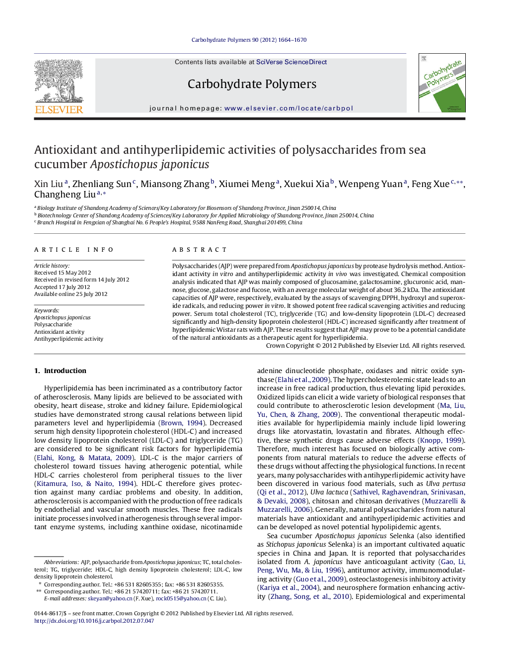 Antioxidant and antihyperlipidemic activities of polysaccharides from sea cucumber Apostichopus japonicus