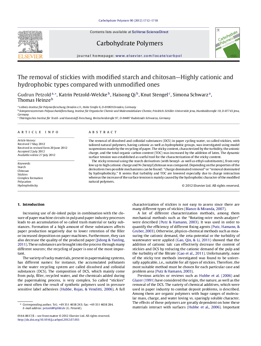 The removal of stickies with modified starch and chitosan-Highly cationic and hydrophobic types compared with unmodified ones