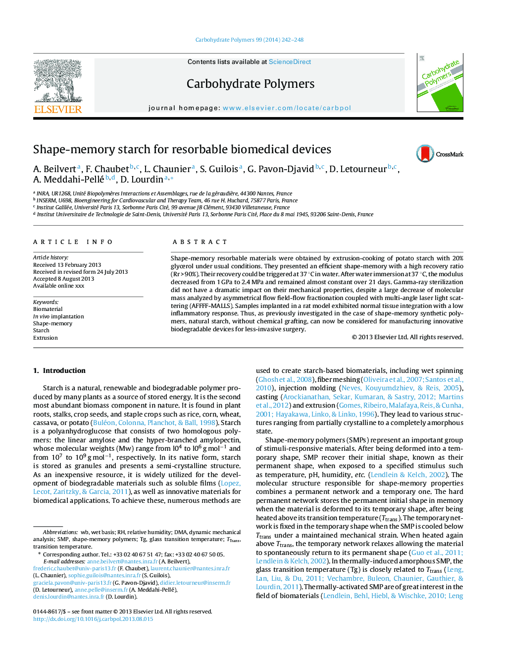 Shape-memory starch for resorbable biomedical devices