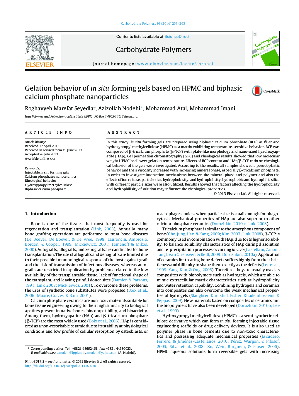 Gelation behavior of in situ forming gels based on HPMC and biphasic calcium phosphate nanoparticles