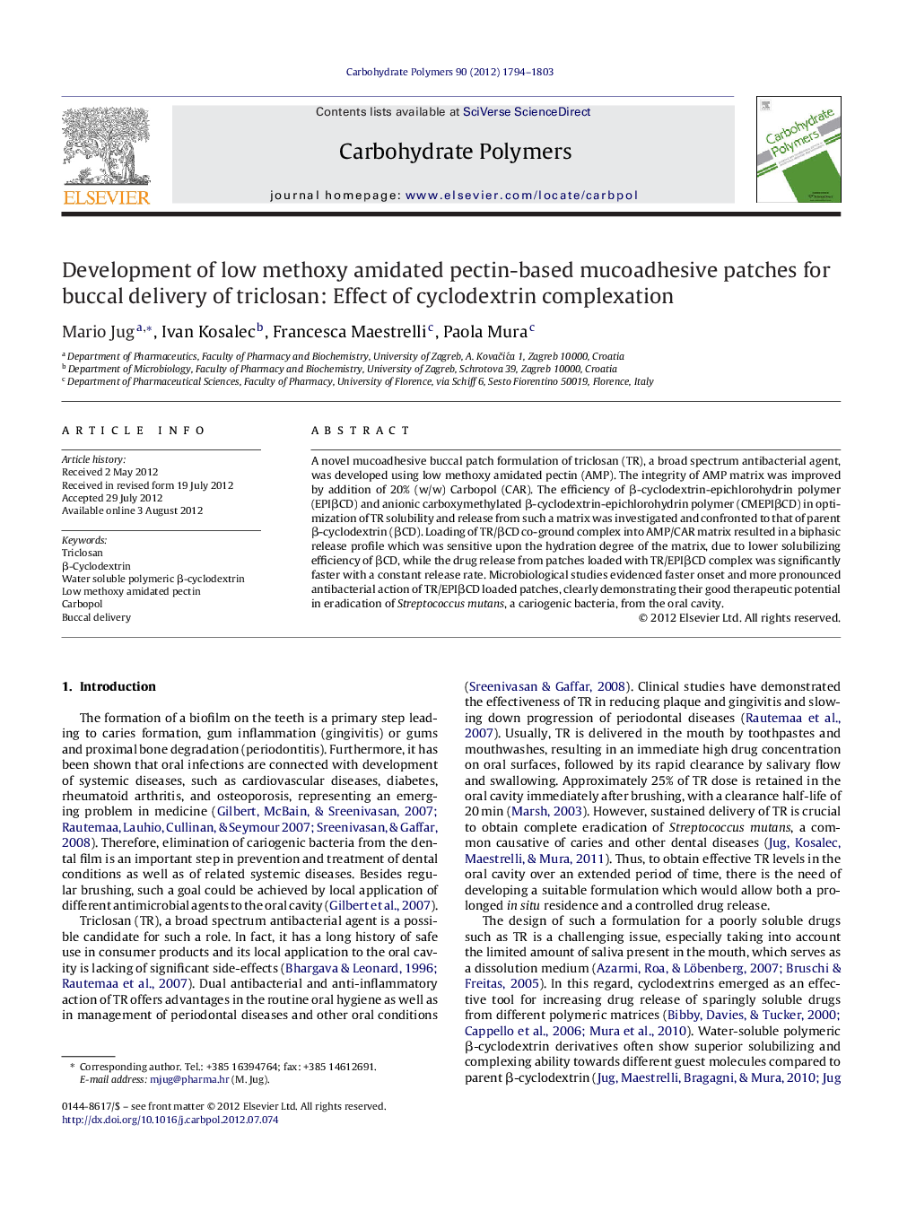 Development of low methoxy amidated pectin-based mucoadhesive patches for buccal delivery of triclosan: Effect of cyclodextrin complexation