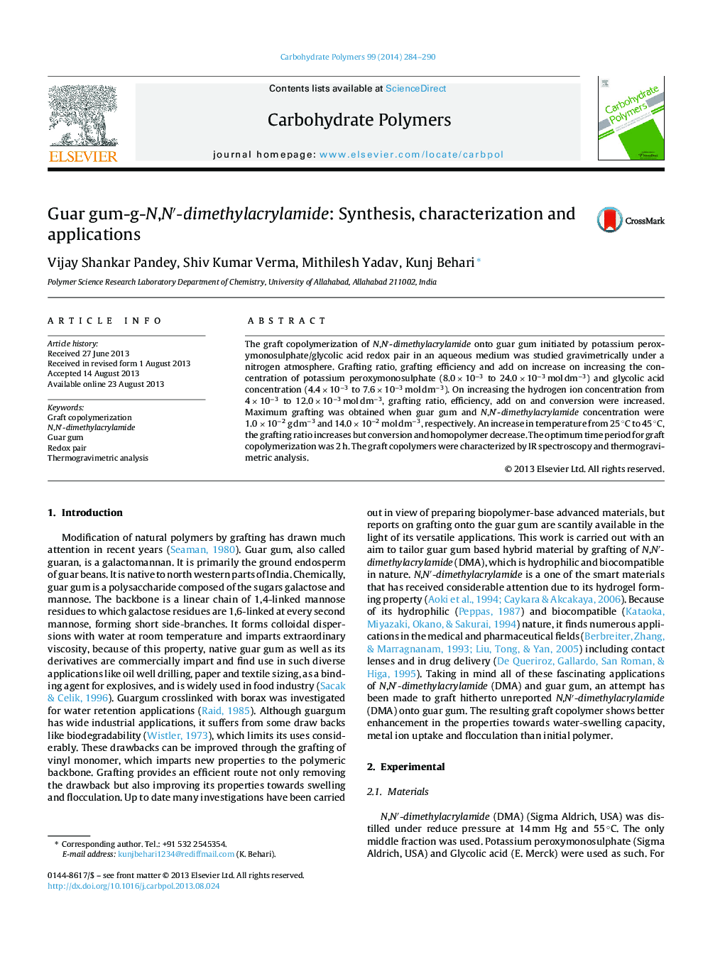 Guar gum-g-N,Nâ²-dimethylacrylamide: Synthesis, characterization and applications