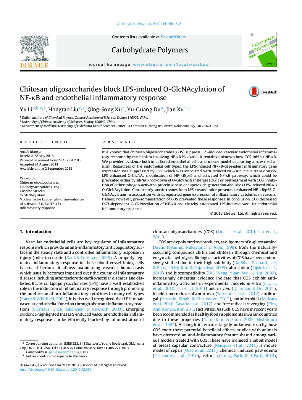 Chitosan oligosaccharides block LPS-induced O-GlcNAcylation of NF-ÎºB and endothelial inflammatory response