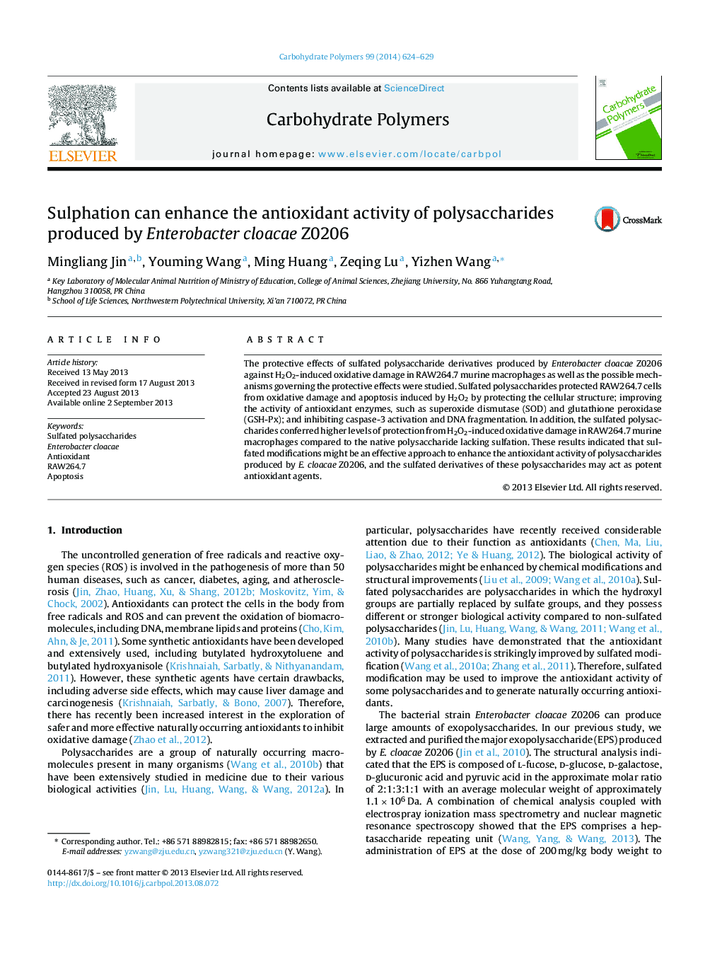 Sulphation can enhance the antioxidant activity of polysaccharides produced by Enterobacter cloacae Z0206