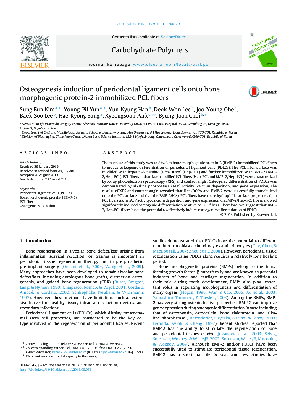 Osteogenesis induction of periodontal ligament cells onto bone morphogenic protein-2 immobilized PCL fibers