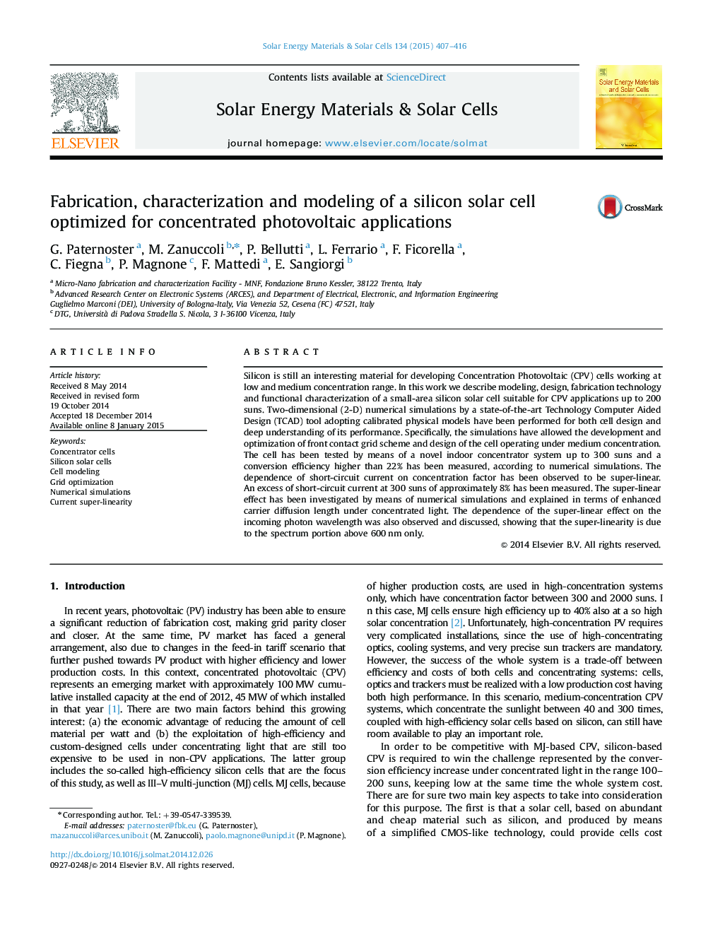 Fabrication, characterization and modeling of a silicon solar cell optimized for concentrated photovoltaic applications