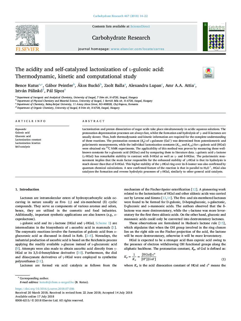 The acidity and self-catalyzed lactonization of l-gulonic acid: Thermodynamic, kinetic and computational study