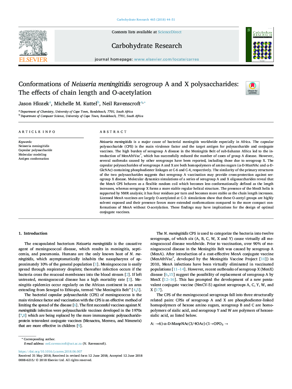 Conformations of Neisseria meningitidis serogroup A and X polysaccharides: The effects of chain length and O-acetylation