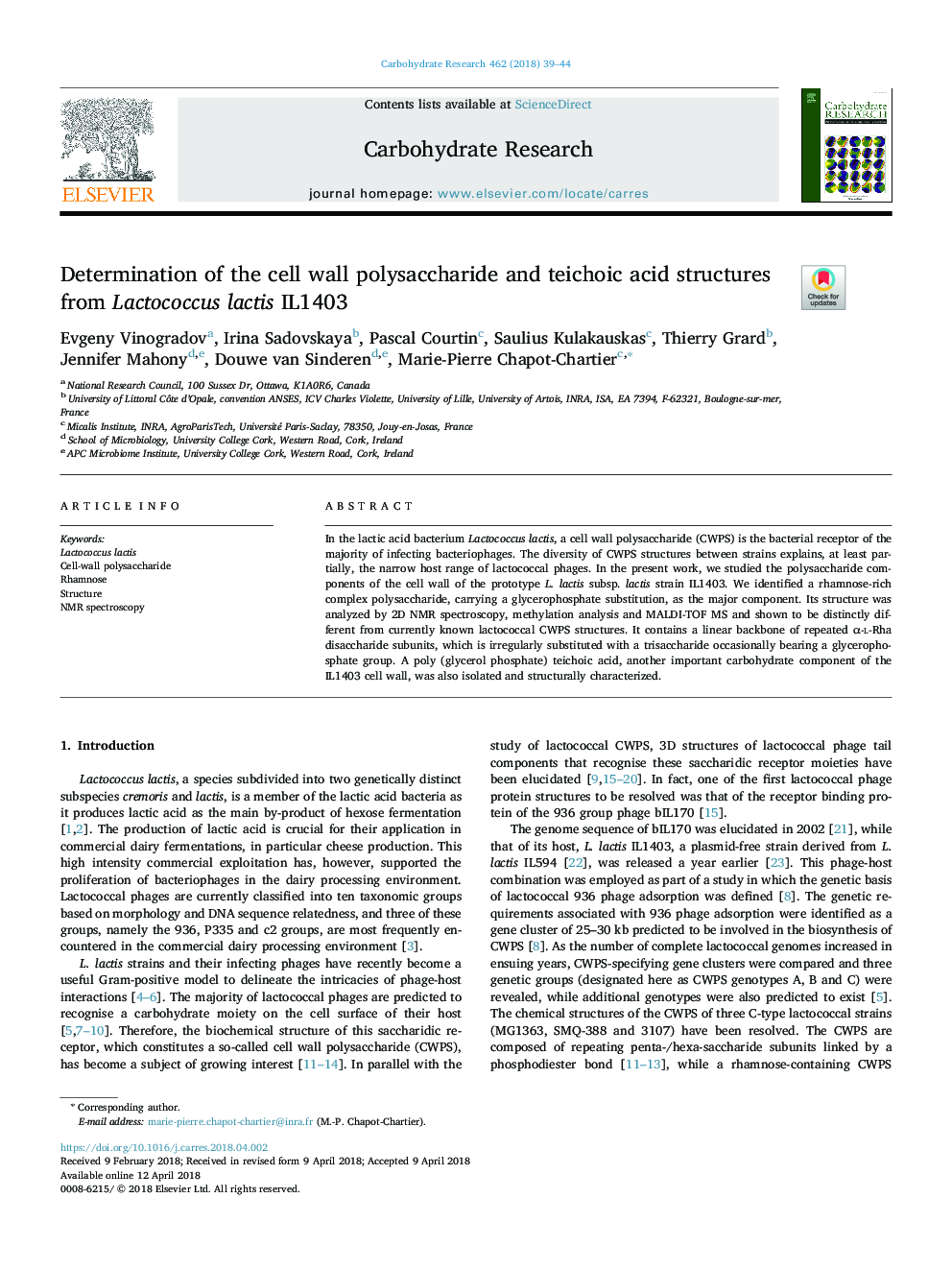 Determination of the cell wall polysaccharide and teichoic acid structures from Lactococcus lactis IL1403