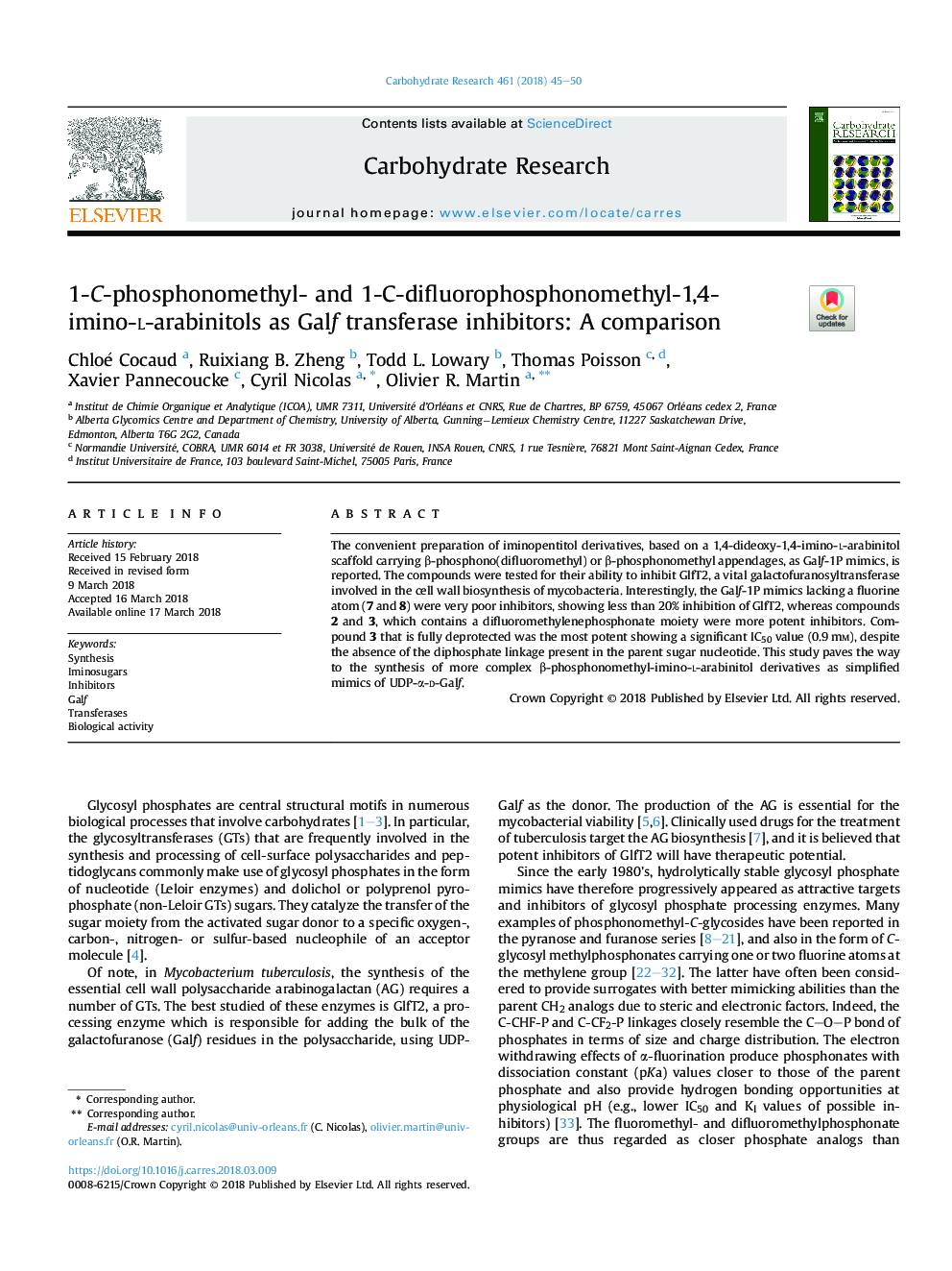 1-C-phosphonomethyl- and 1-C-difluorophosphonomethyl-1,4-imino-l-arabinitols as Galf transferase inhibitors: A comparison