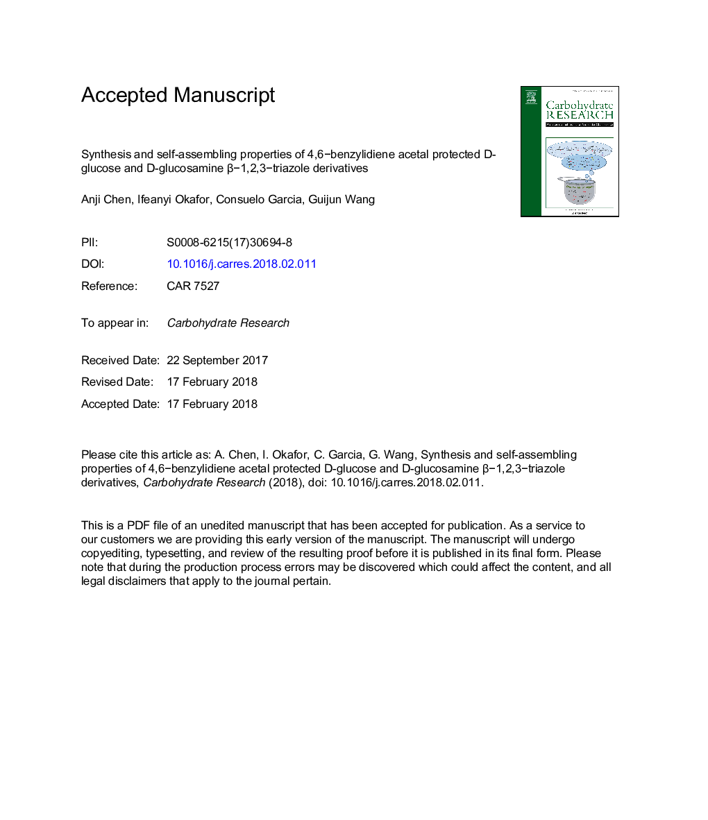 Synthesis and self-assembling properties of 4,6âO-benzylidene acetal protected D-glucose and D-glucosamine Î²â1,2,3âtriazole derivatives