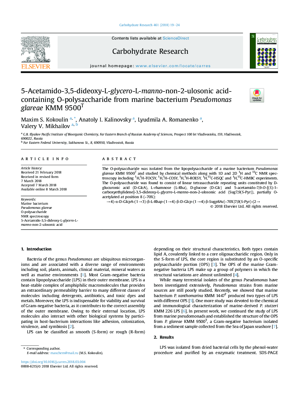 5-Acetamido-3,5-dideoxy-L-glycero-L-manno-non-2-ulosonic acid-containing O-polysaccharide from marine bacterium Pseudomonas glareae KMM 9500T