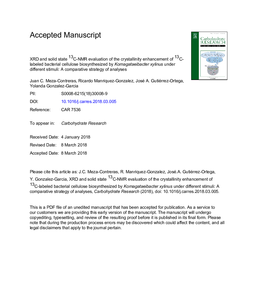 XRD and solid state 13C-NMR evaluation of the crystallinity enhancement of 13C-labeled bacterial cellulose biosynthesized by Komagataeibacter xylinus under different stimuli: A comparative strategy of analyses