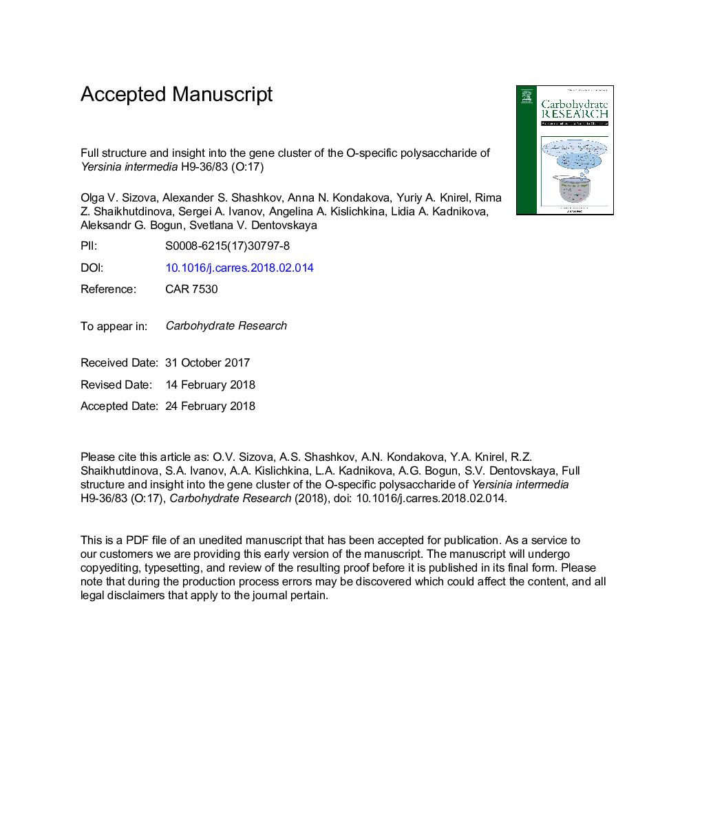 Full structure and insight into the gene cluster of the O-specific polysaccharide of Yersinia intermedia H9-36/83 (O:17)