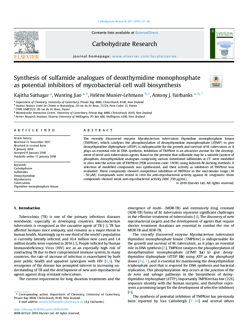 Synthesis of sulfamide analogues of deoxthymidine monophosphate as potential inhibitors of mycobacterial cell wall biosynthesis