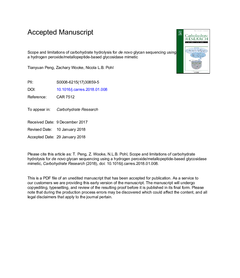 محدوده و محدودیت هیدرولیز کربوهیدرات برای توالی نوین گلیکان با استفاده از پراکسید هیدروژن / متشکل گلیکوزیداز بر پایه متالوپپتید 