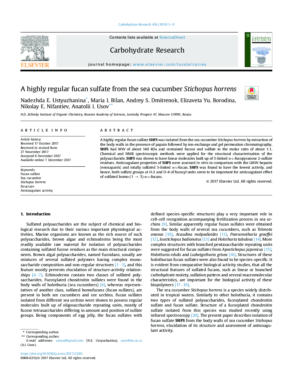 A highly regular fucan sulfate from the sea cucumber Stichopus horrens