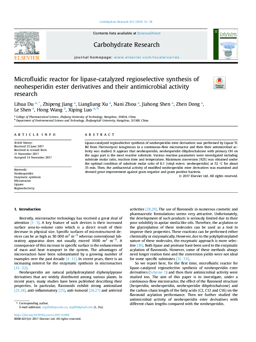 Microfluidic reactor for lipase-catalyzed regioselective synthesis of neohesperidin ester derivatives and their antimicrobial activity research