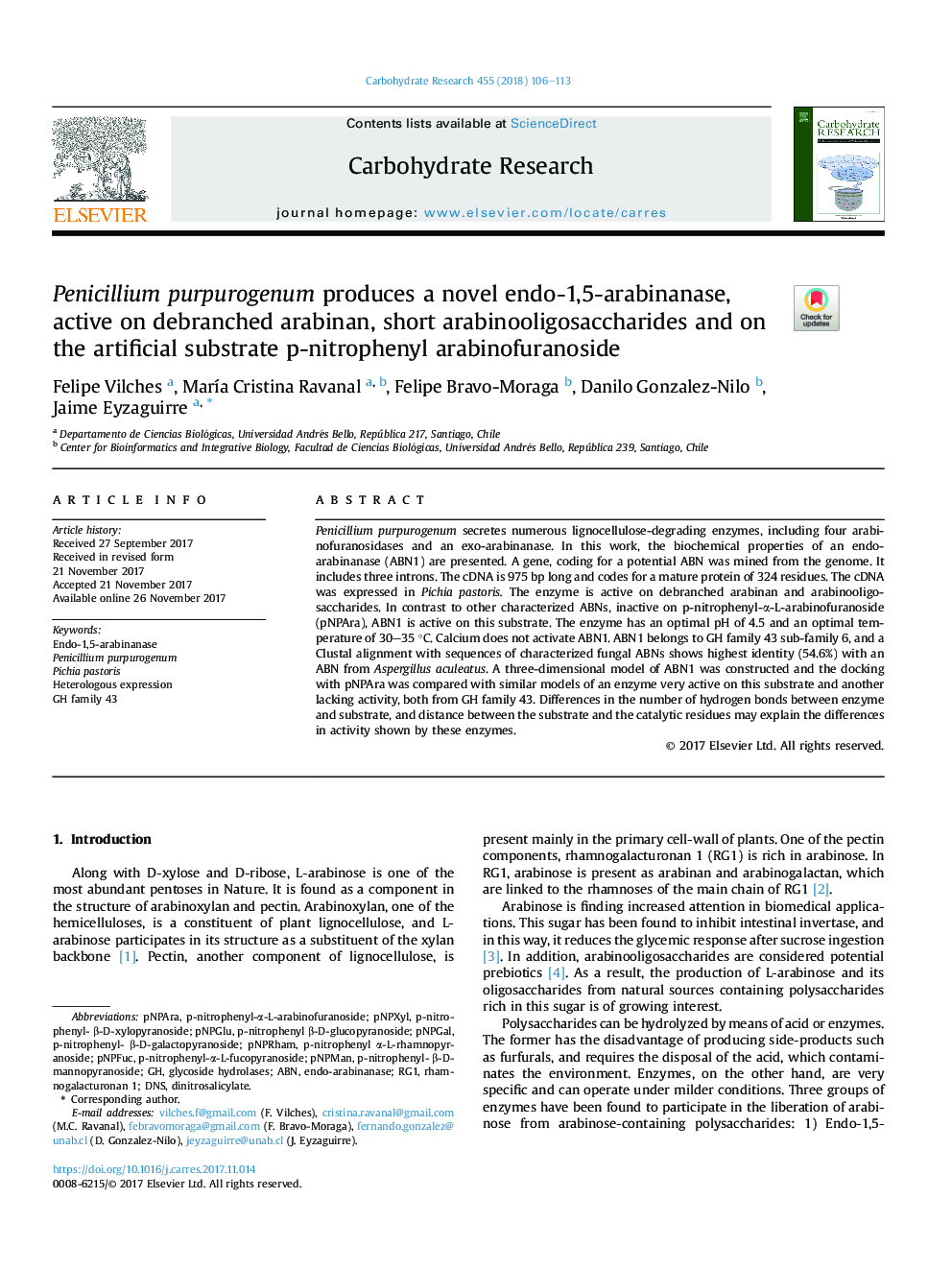 Penicillium purpurogenum produces a novel endo-1,5-arabinanase, active on debranched arabinan, short arabinooligosaccharides and on the artificial substrate p-nitrophenyl arabinofuranoside