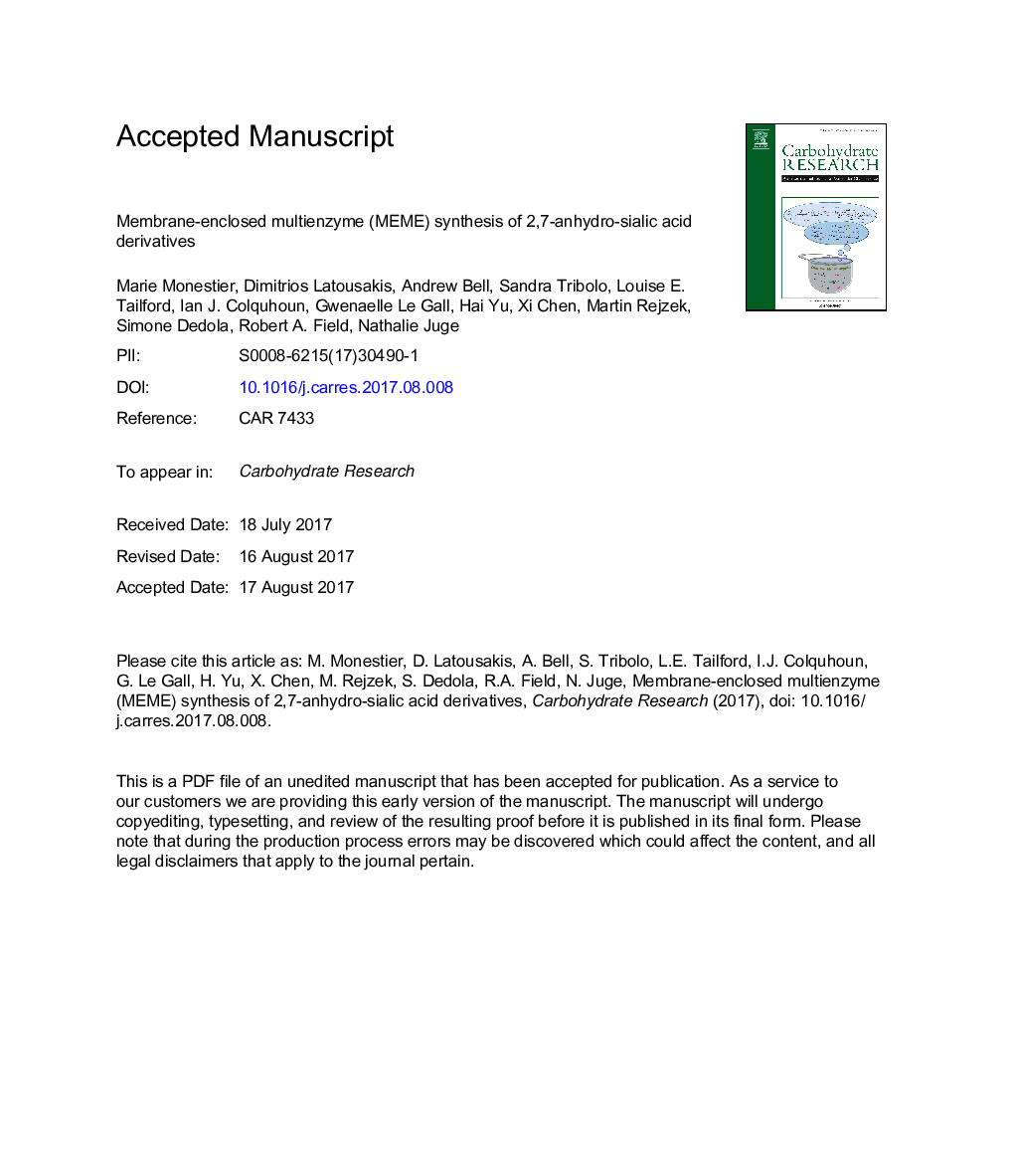 عکس صفحه اول مقاله: Membrane-enclosed multienzyme (MEME) synthesis of 2,7-anhydro-sialic acid derivatives Membrane-enclosed multienzyme (MEME) synthesis of 2,7-anhydro-sialic acid derivatives