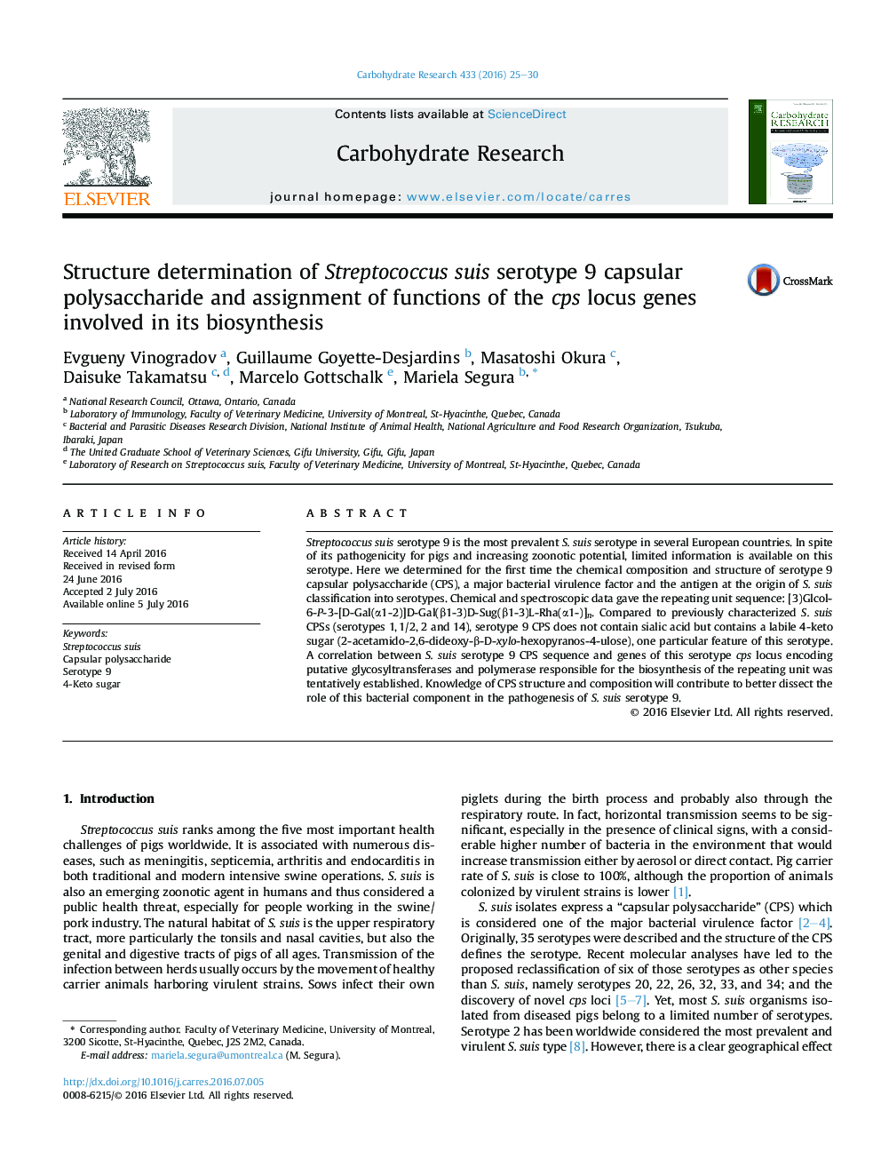 Structure determination of Streptococcus suis serotype 9 capsular polysaccharide and assignment of functions of the cps locus genes involved in its biosynthesis