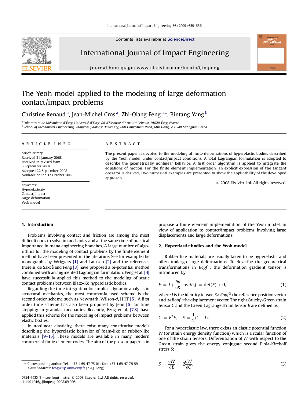 The Yeoh model applied to the modeling of large deformation contact/impact problems