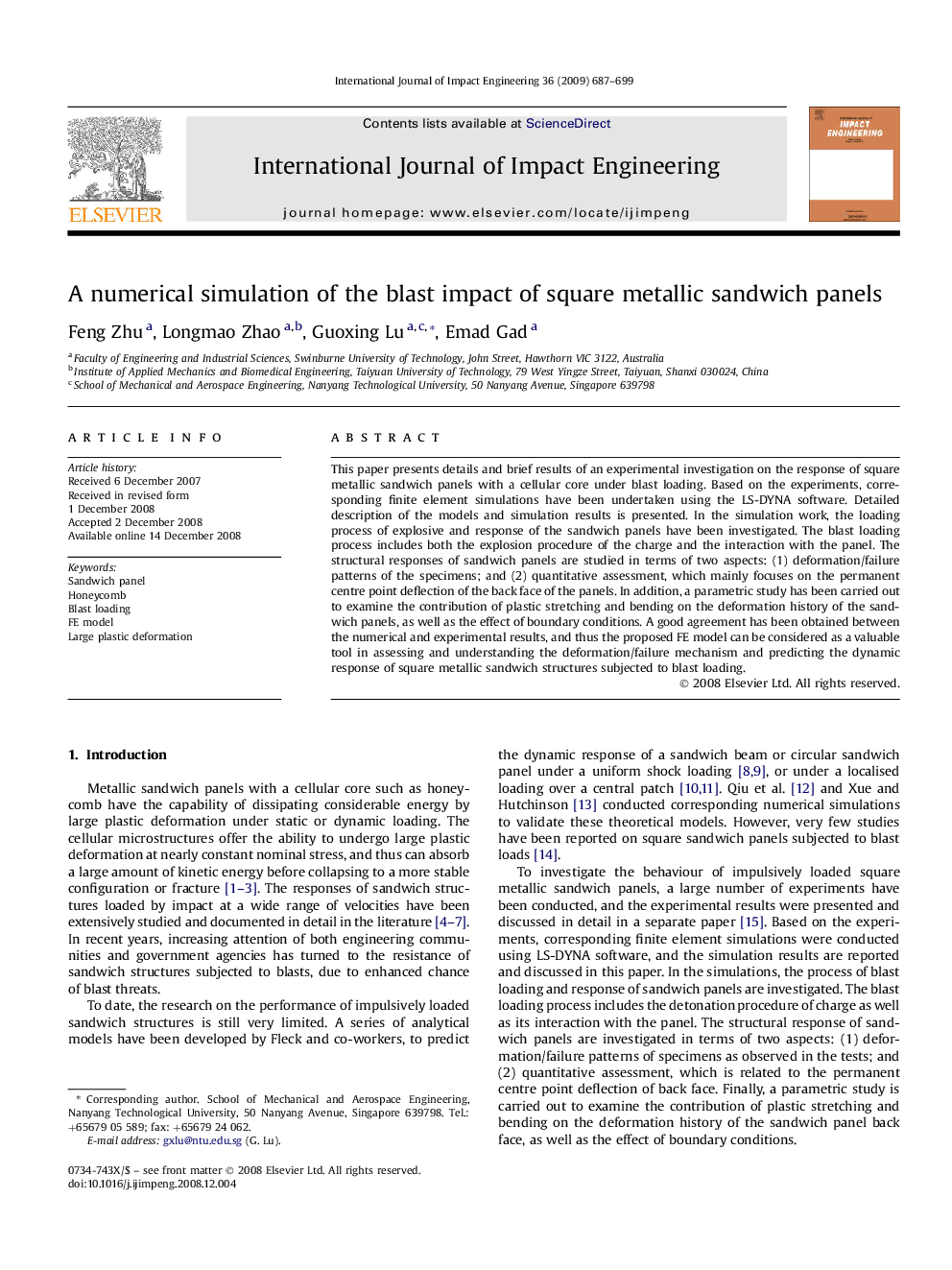 A numerical simulation of the blast impact of square metallic sandwich panels