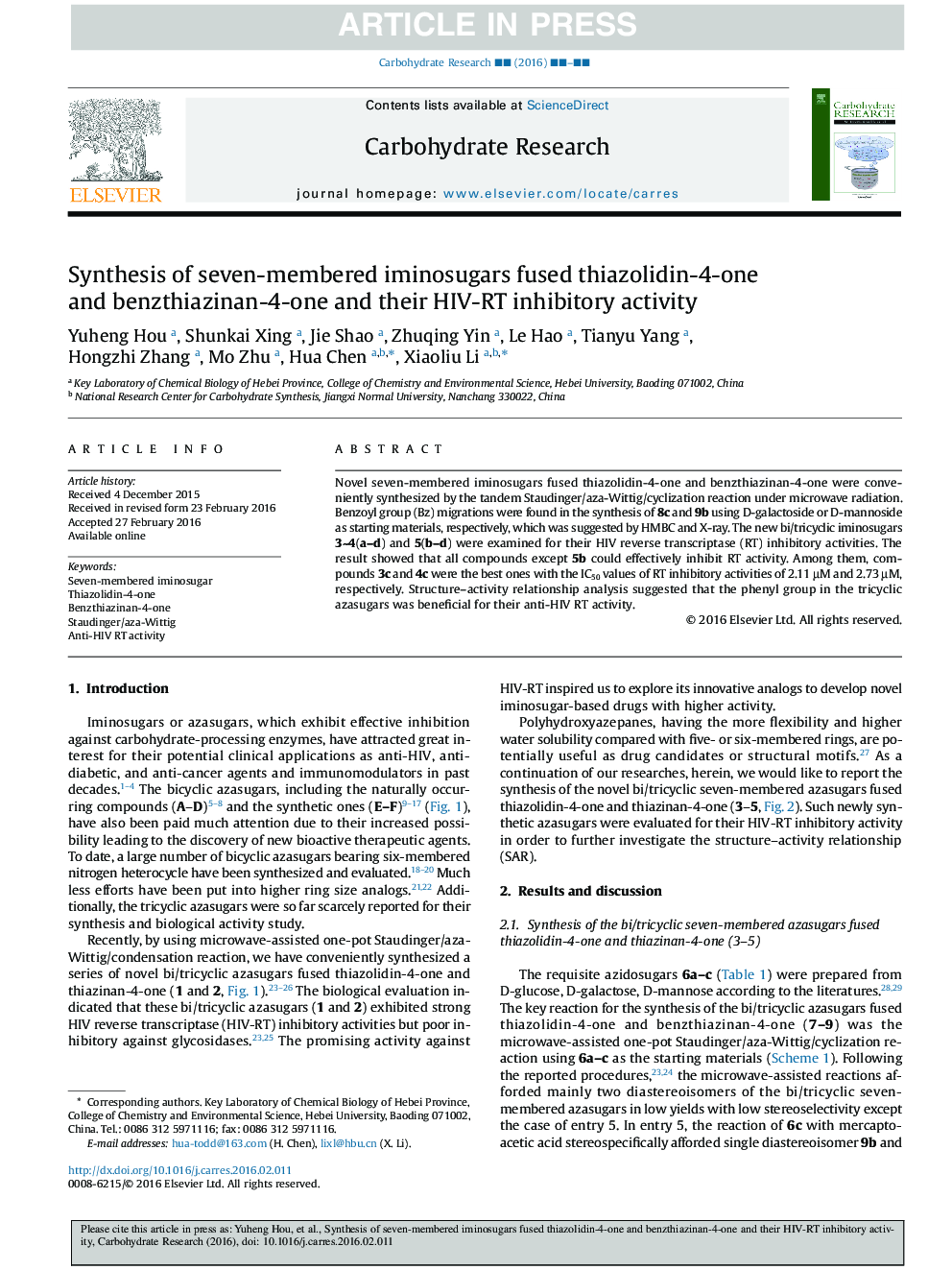 Synthesis of seven-membered iminosugars fused thiazolidin-4-one and benzthiazinan-4-one and their HIV-RT inhibitory activity