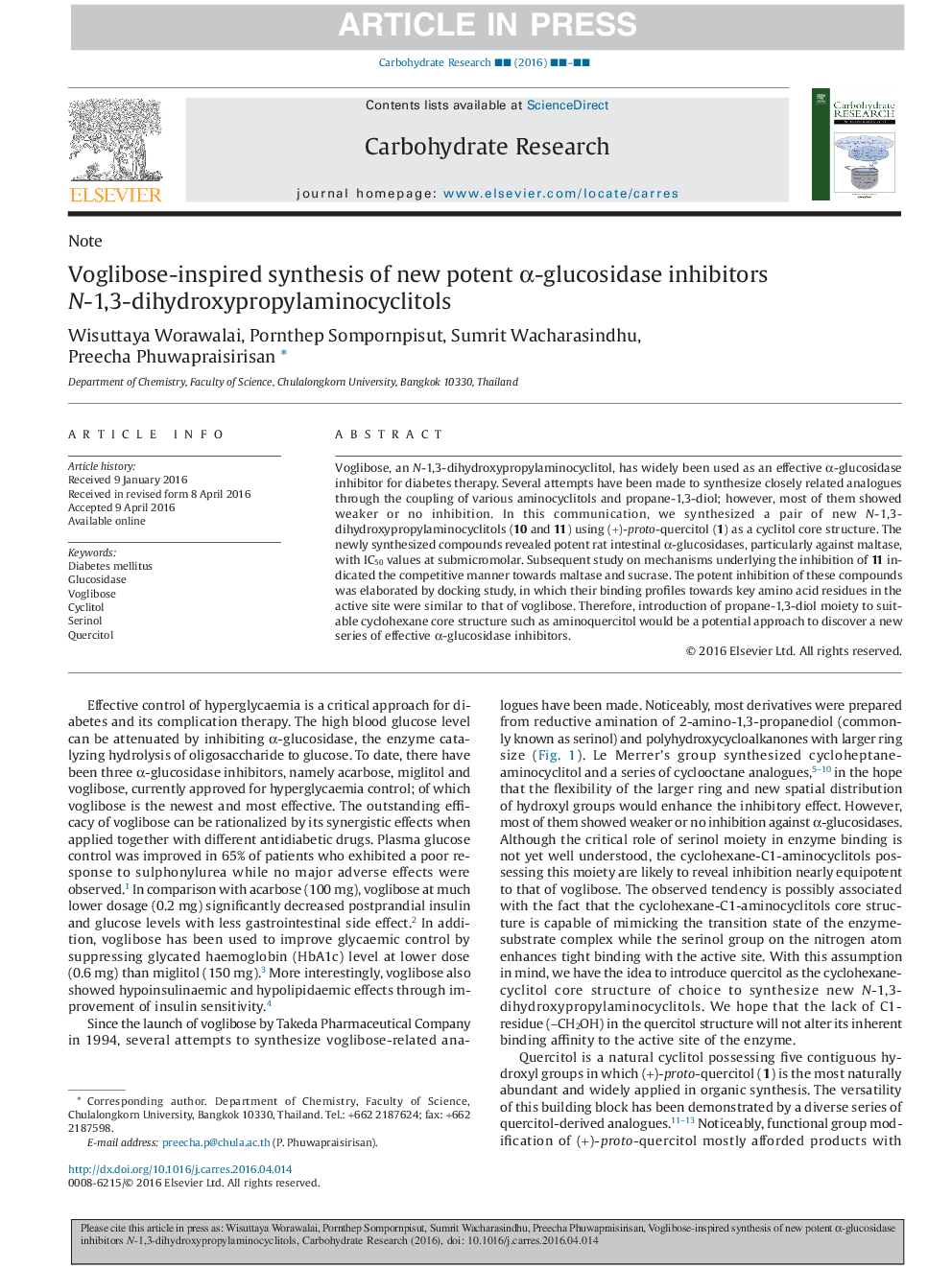 Voglibose-inspired synthesis of new potent Î±-glucosidase inhibitors N-1,3-dihydroxypropylaminocyclitols
