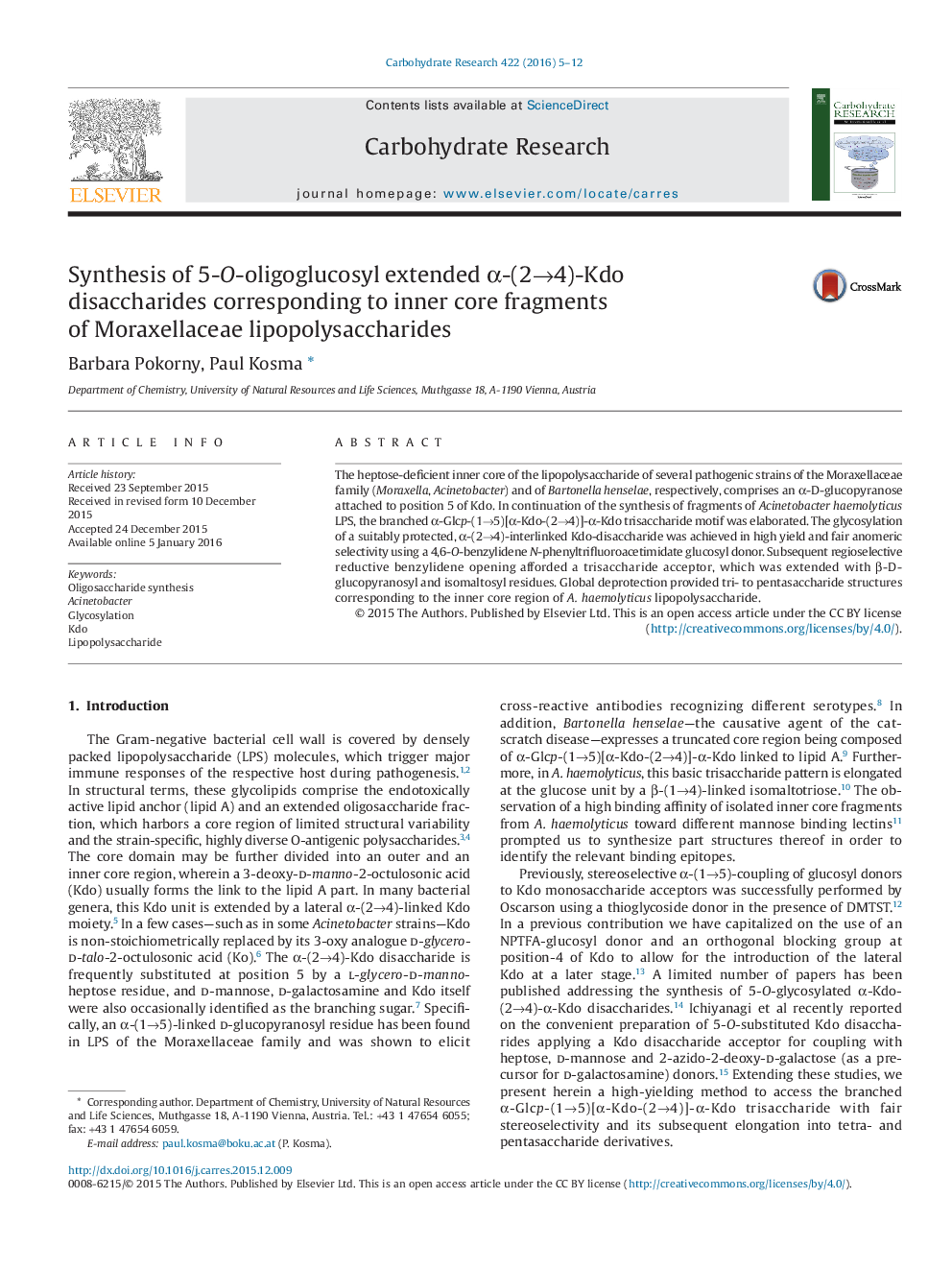 Synthesis of 5-O-oligoglucosyl extended Î±-(2â4)-Kdo disaccharides corresponding to inner core fragments of Moraxellaceae lipopolysaccharides