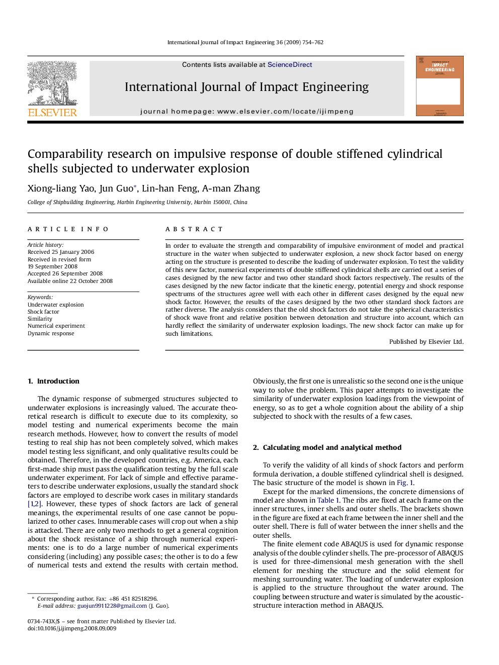 Comparability research on impulsive response of double stiffened cylindrical shells subjected to underwater explosion