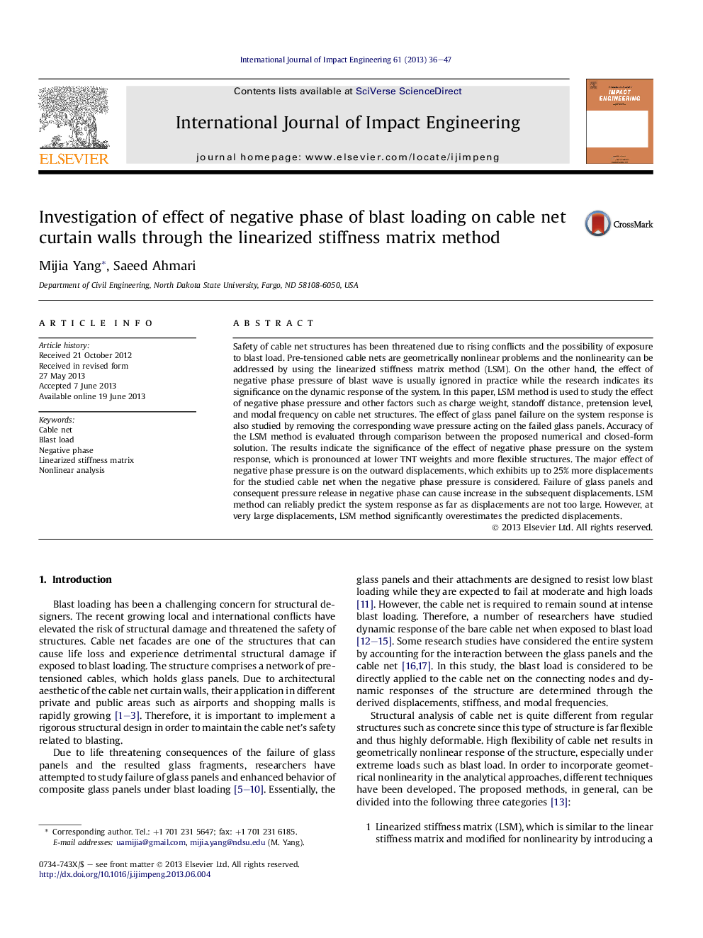 Investigation of effect of negative phase of blast loading on cable net curtain walls through the linearized stiffness matrix method