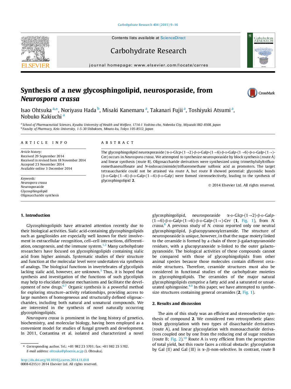 Synthesis of a new glycosphingolipid, neurosporaside, from Neurospora crassa