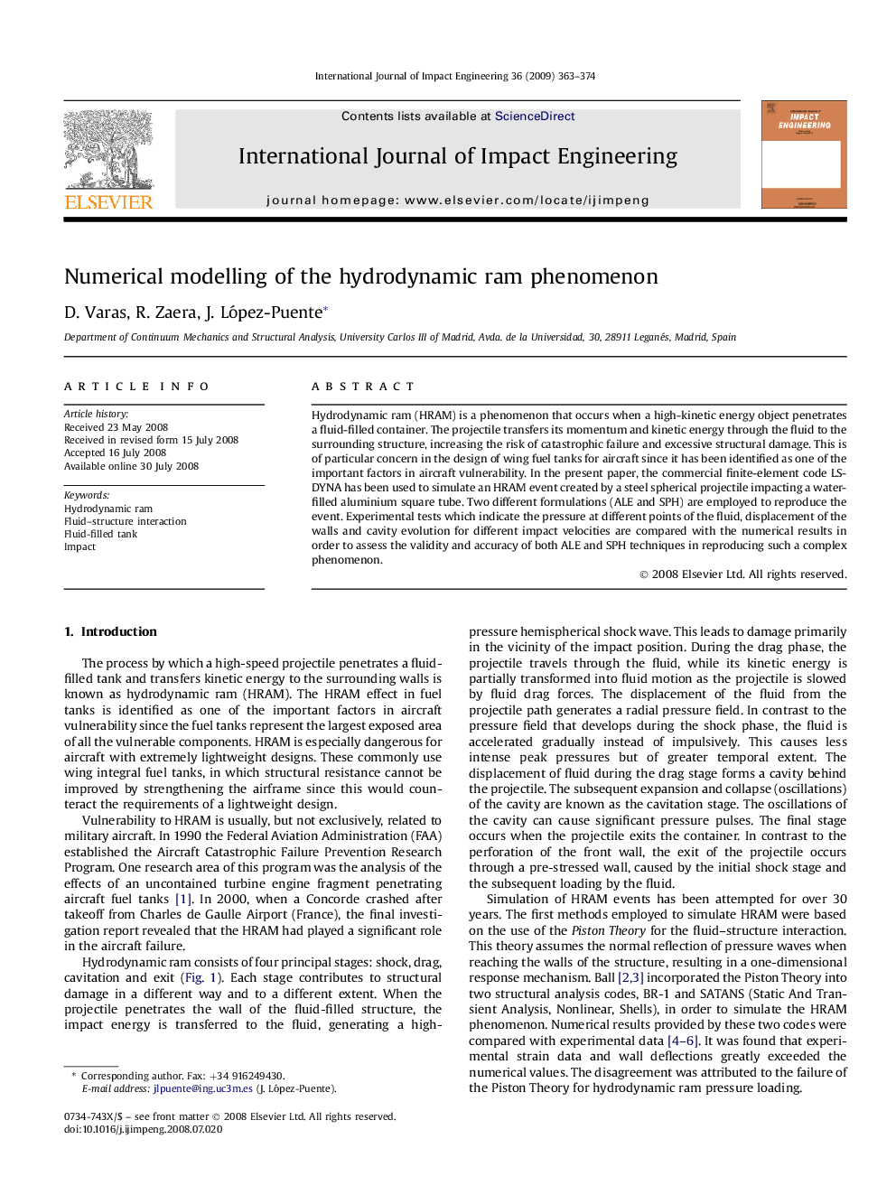 Numerical modelling of the hydrodynamic ram phenomenon