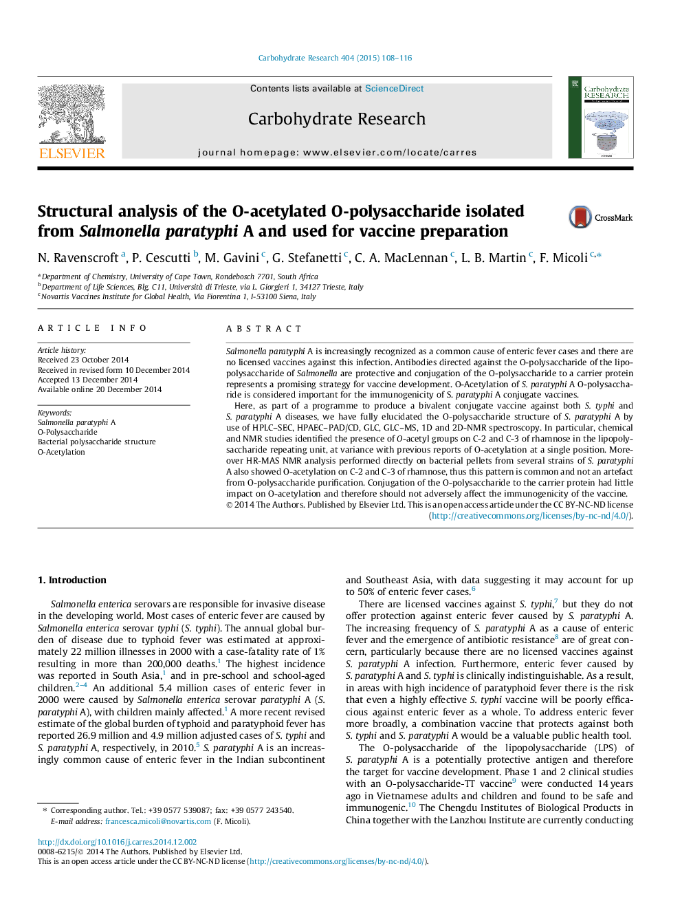 Structural analysis of the O-acetylated O-polysaccharide isolated from Salmonella paratyphi A and used for vaccine preparation