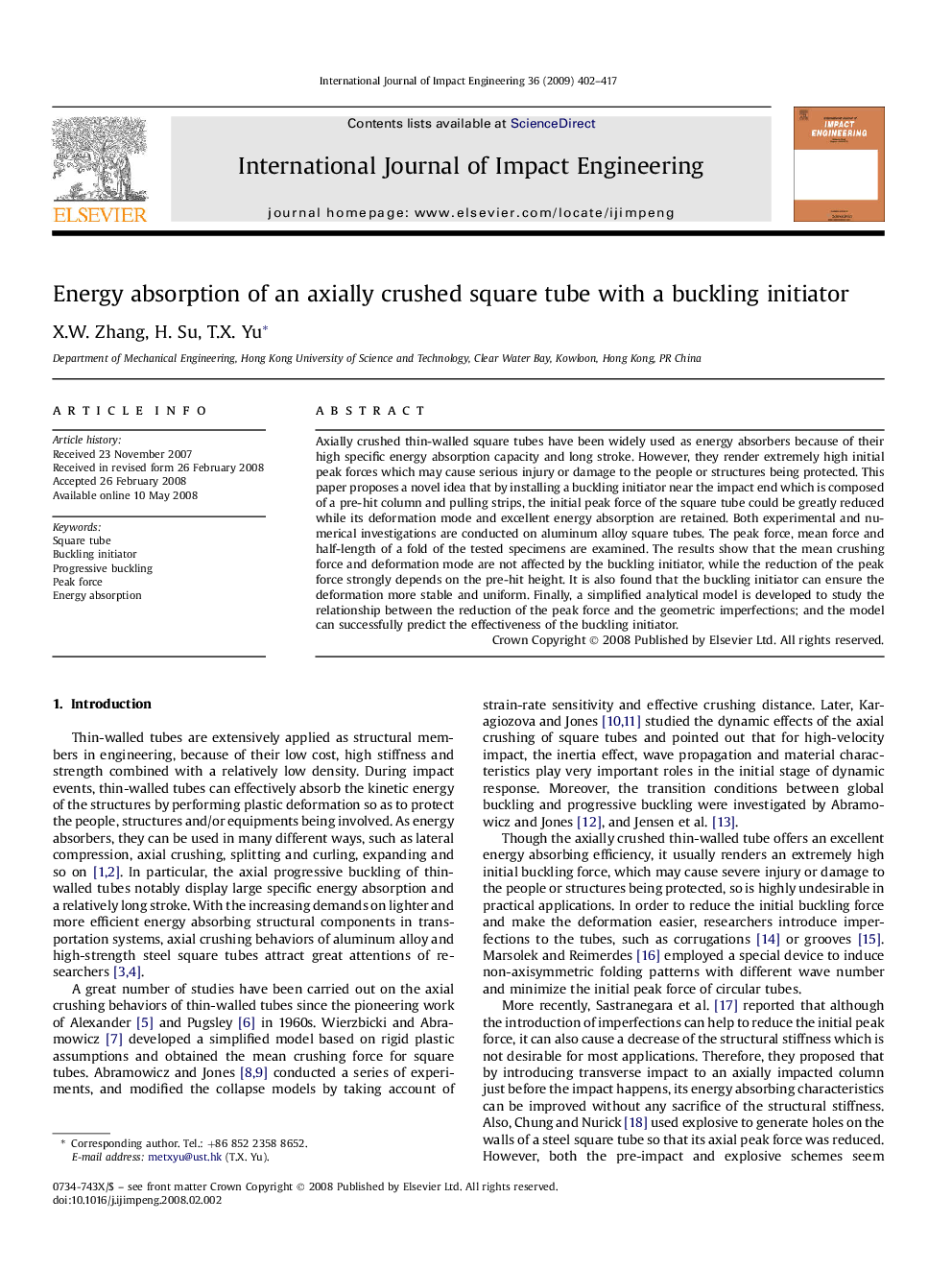 Energy absorption of an axially crushed square tube with a buckling initiator