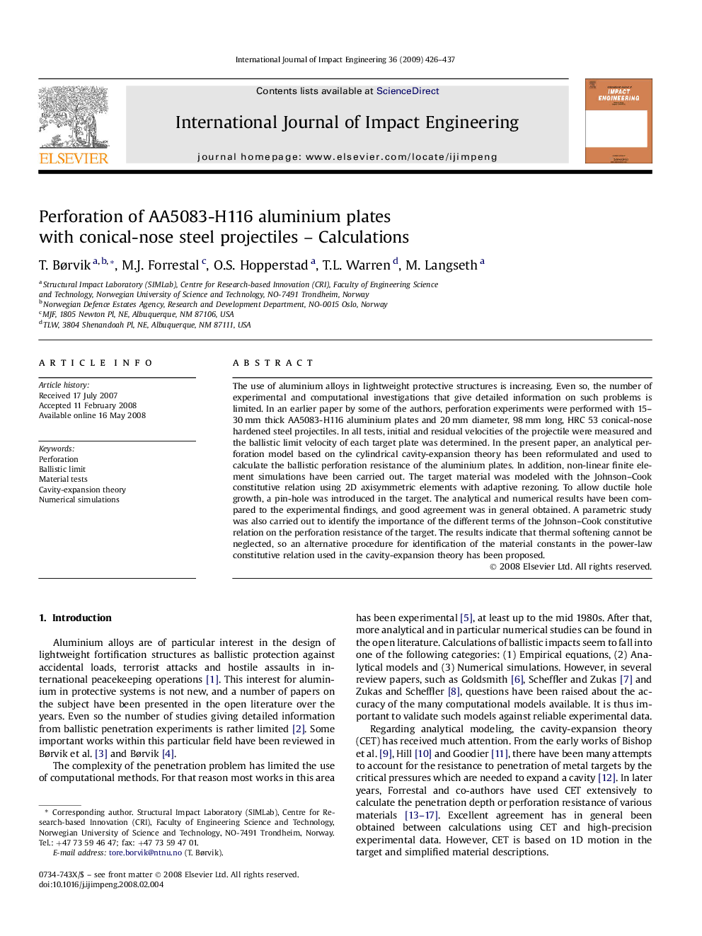 Perforation of AA5083-H116 aluminium plates with conical-nose steel projectiles – Calculations